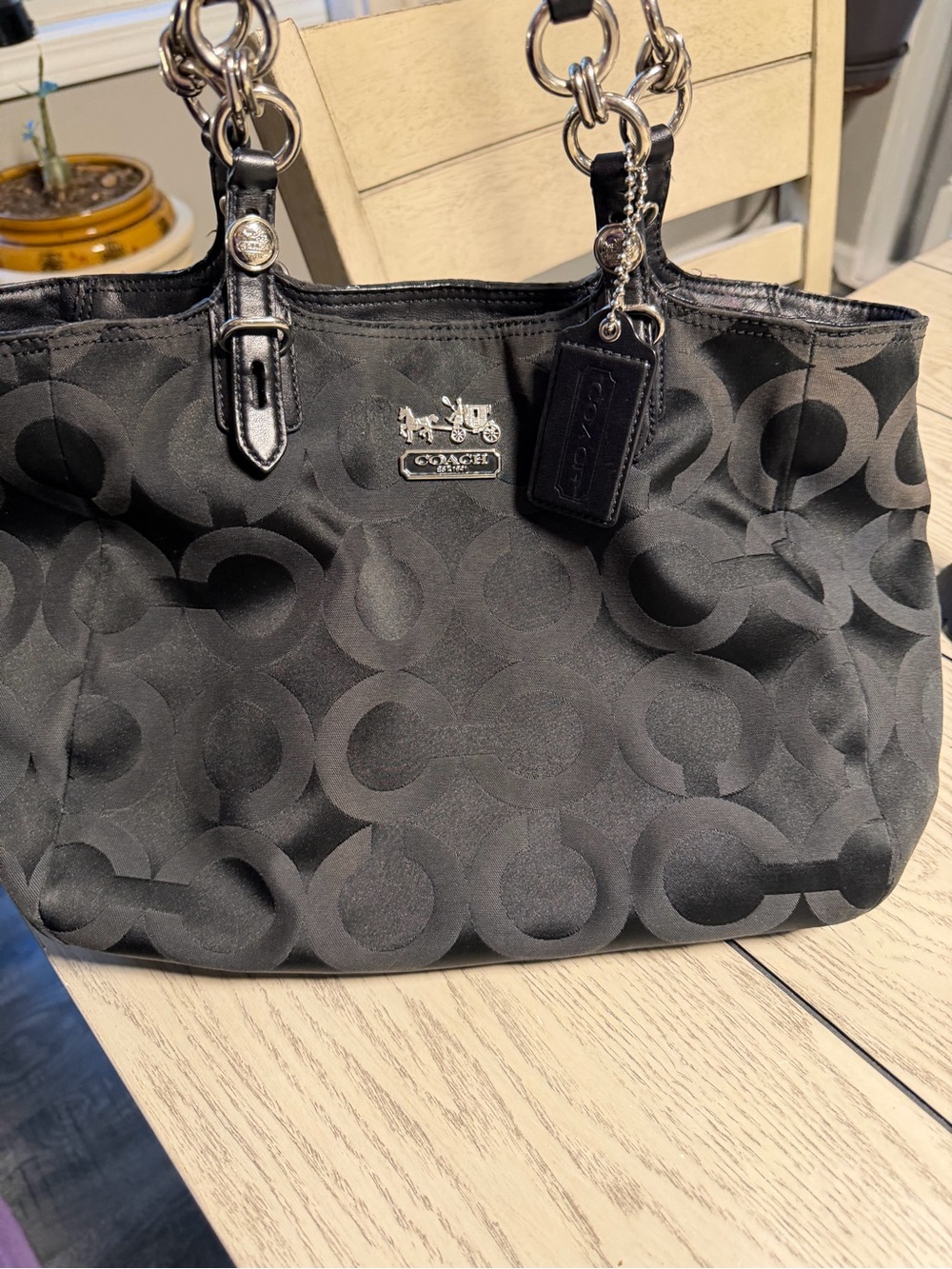 Coach Black Signature 'C' Tote with Chain Handles